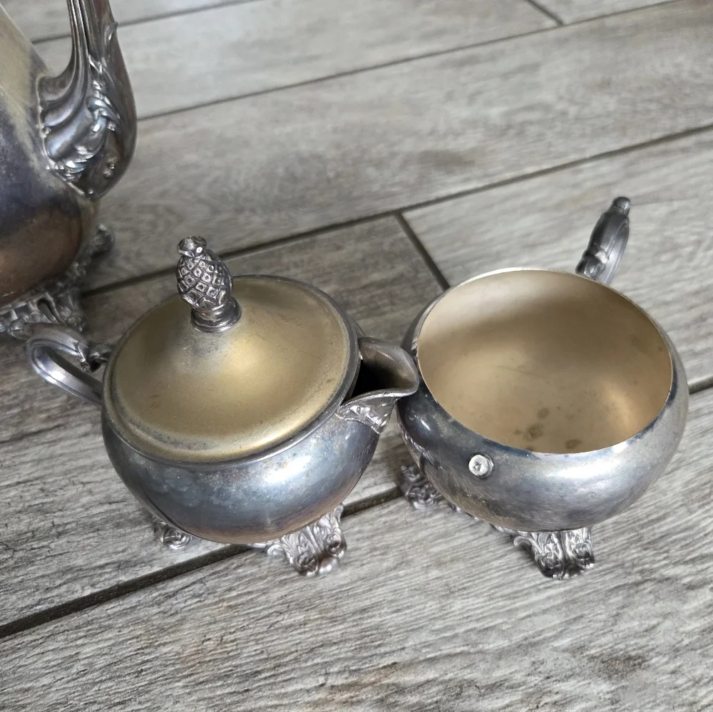 Vintage Wm Rogers Silverplate Coffee Tea Set Pot Creamer Sugar 3pc‎ Ornate